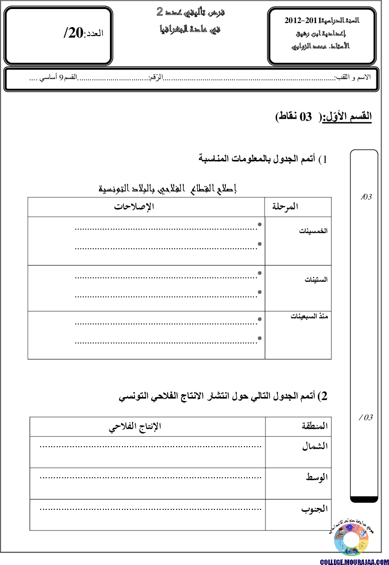 فرض تأليفي سنة التاسعة في الجغرافيا الثلاثي الثاني