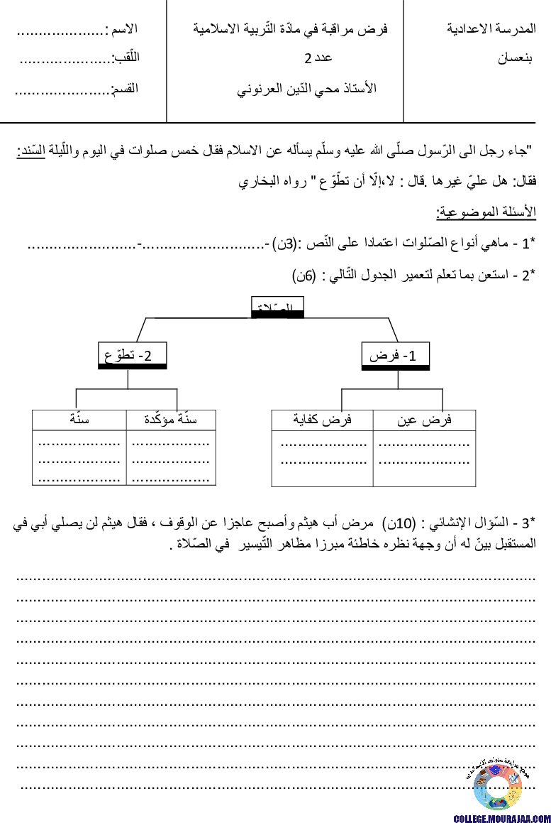 فرض مراقبة سنة السابعة في التربية الاسلامية الثلاثي الثاني