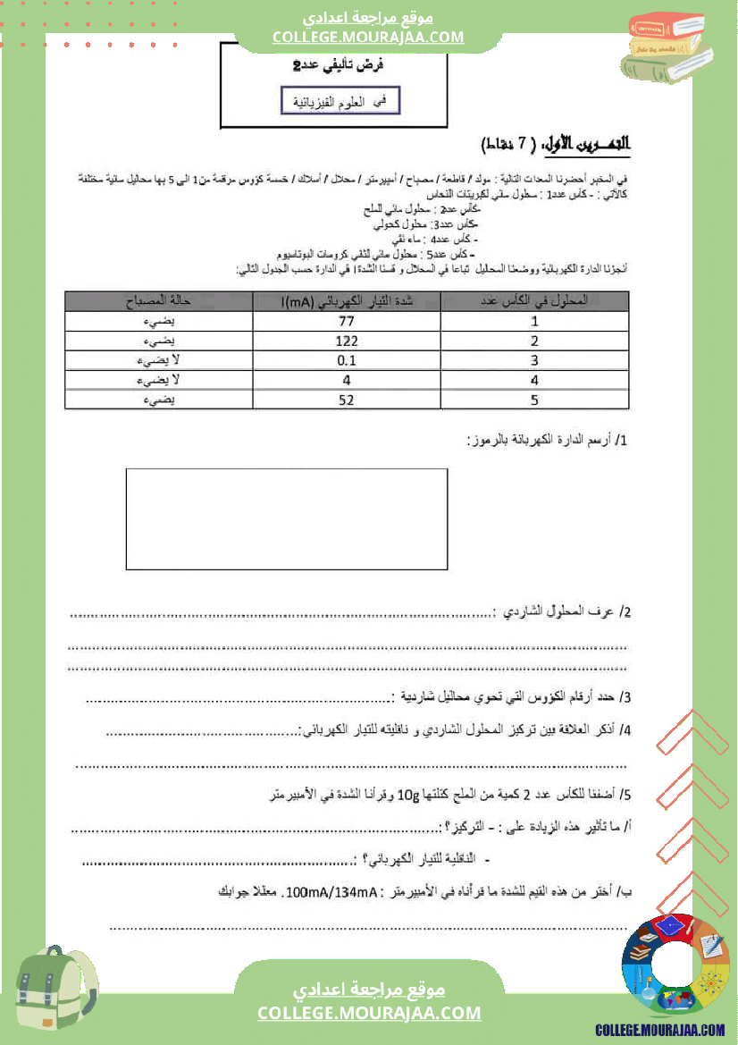 فرض مراقبة التاسعة العلوم الفيزيائية الثلاثي الثاني