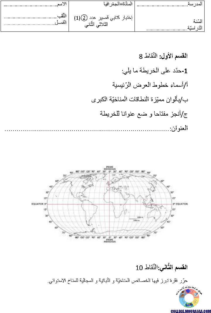 فرض مراقبة الثلاثي الثاني في الجغرافيا سنة 7 اساسي