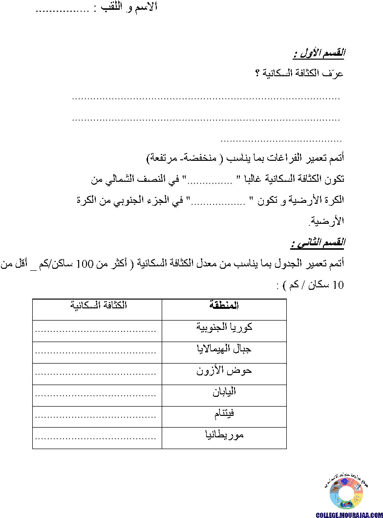 فرض مراقبة الثلاثي الثاني في الجغرافيا سنة 7 اساسي