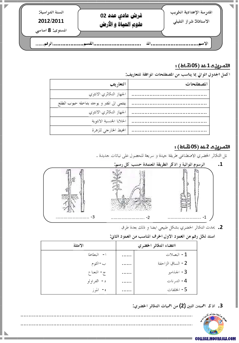 فرض مراقبة سنة الثامنة في علوم الحياة و الارض الثلاثي الثاني