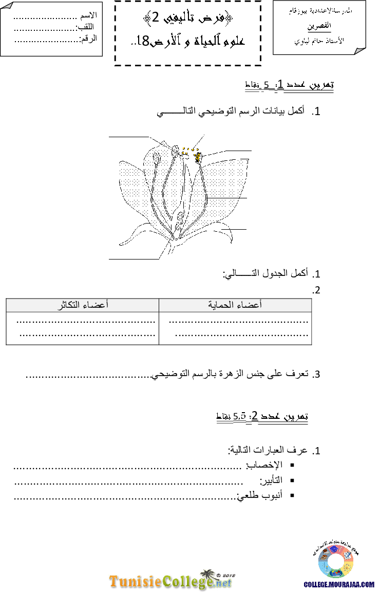 فرض تأليفي سنة الثامنة في علوم الحياة و الارض الثلاثي الثاني