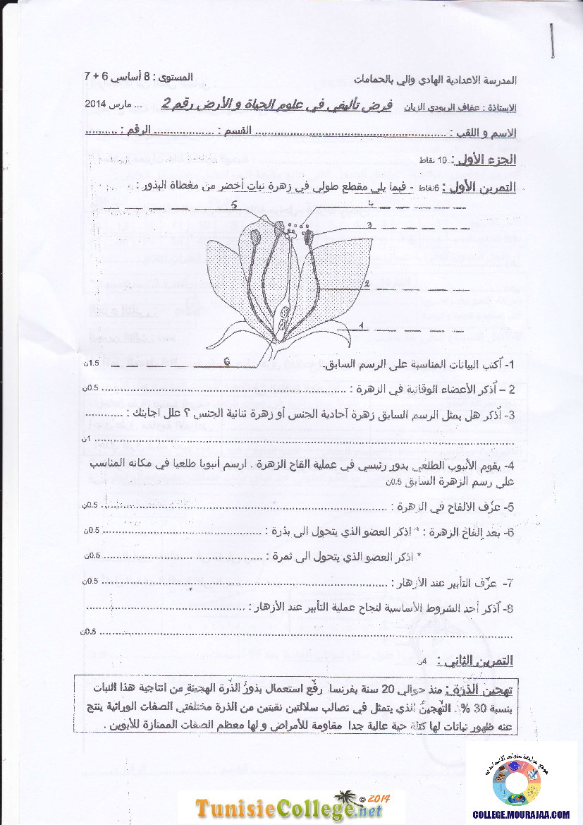 فرض تأليفي سنة الثامنة في علوم الحياة و الارض الثلاثي الثاني