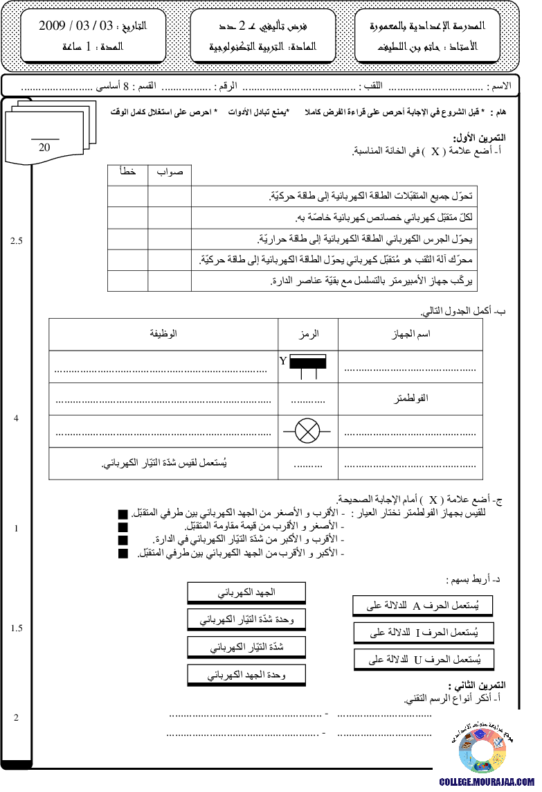 فرض تأليفي سنة الثامنة في التربية التكنولوجية الثلاثي الثاني