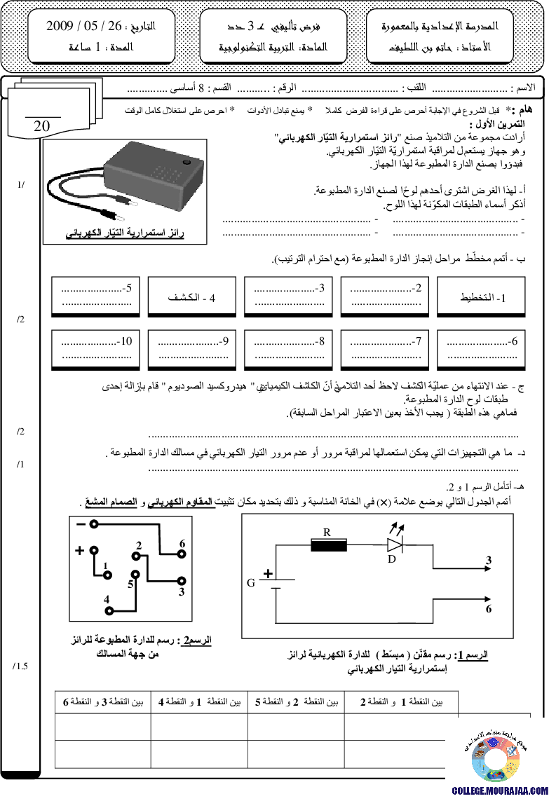فرض تأليفي سنة الثامنة في التربية التكنولوجية الثلاثي الثالث