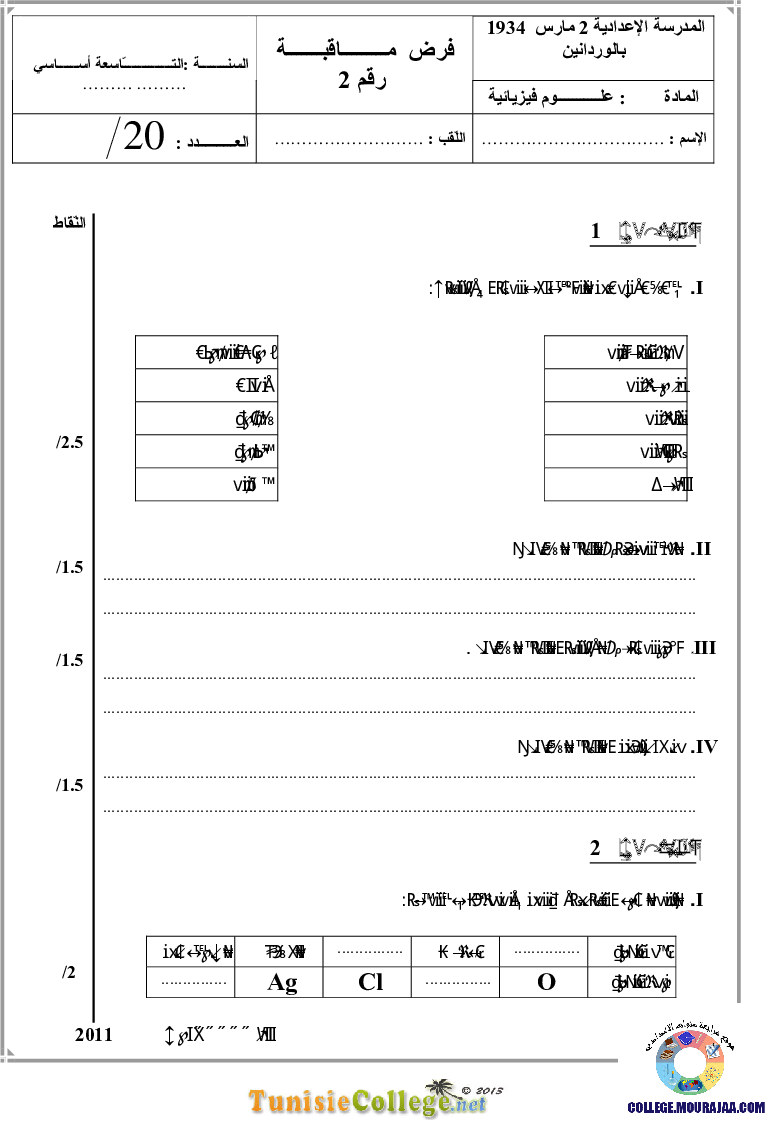 فرض مراقبة سنة التاسعة في العلوم الفيزيائية الثلاثي الثاني