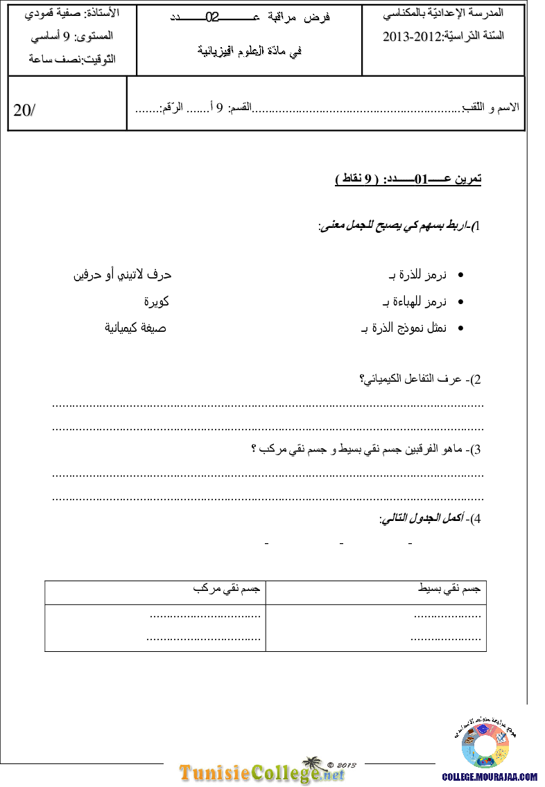 فرض مراقبة سنة التاسعة في العلوم الفيزيائية الثلاثي الثاني