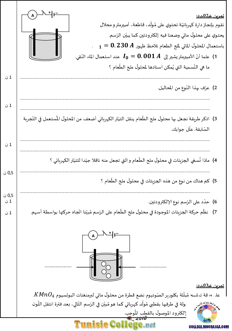 فرض مراقبة سنة التاسعة في العلوم الفيزيائية الثلاثي الثاني