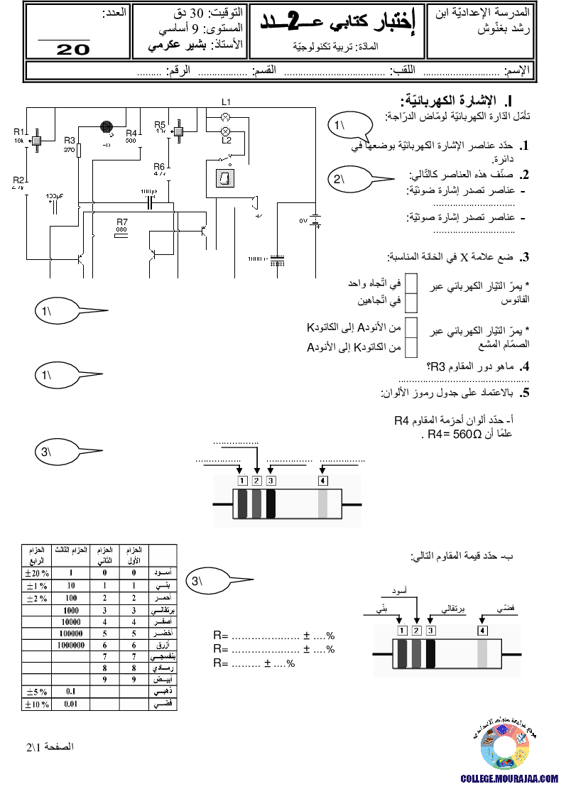 فرض مراقبة سنة التاسعة في التربية التكنولوجية الثلاثي الثاني