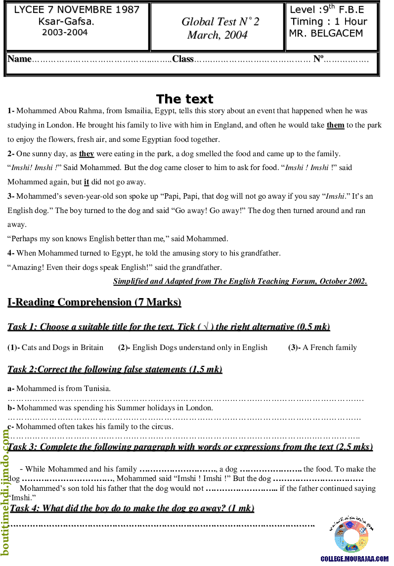 فرض تأليفي سنة التاسعة في الانقليزية الثلاثي الثاني