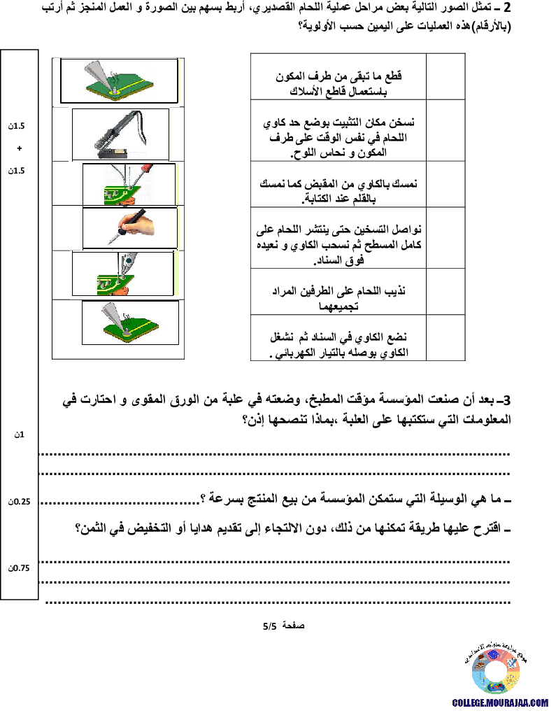 فرض تأليفي سنة التاسعة في التربية التكنولوجية الثلاثي الثالث