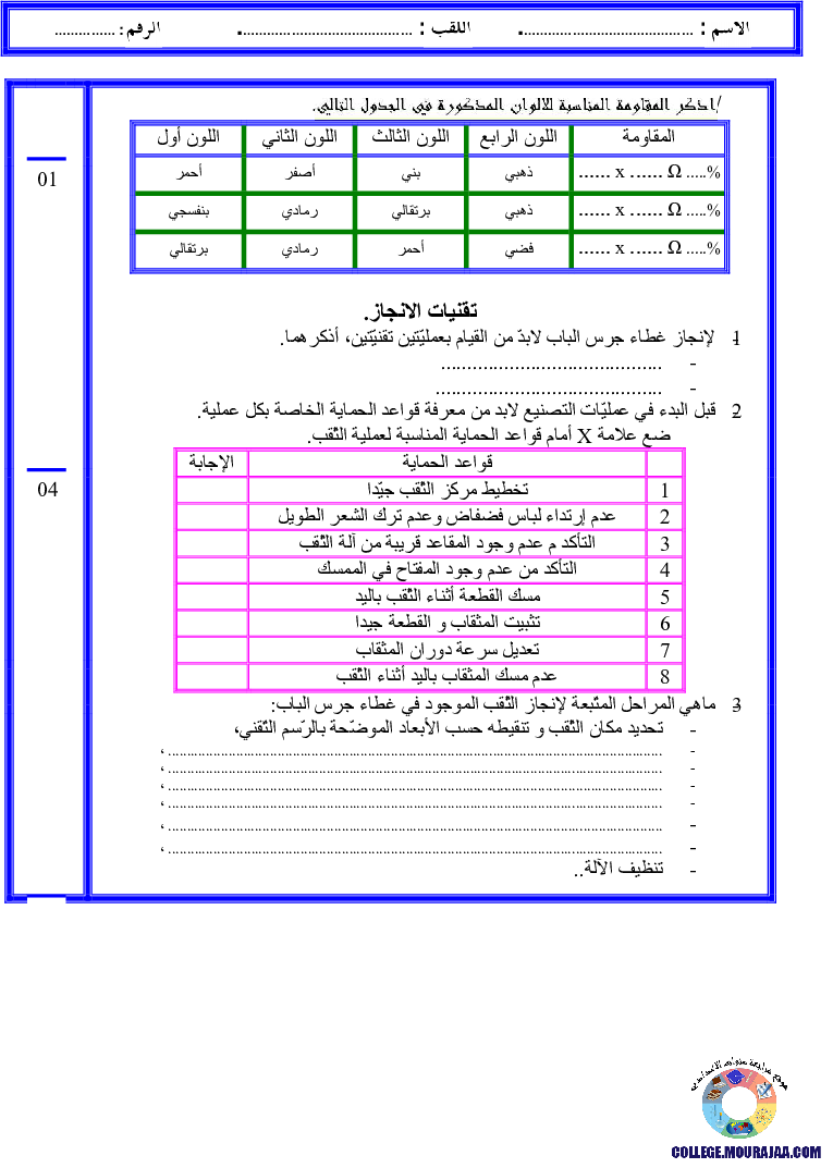 فرض تأليفي سنة التاسعة في التربية التكنولوجية الثلاثي الثالث