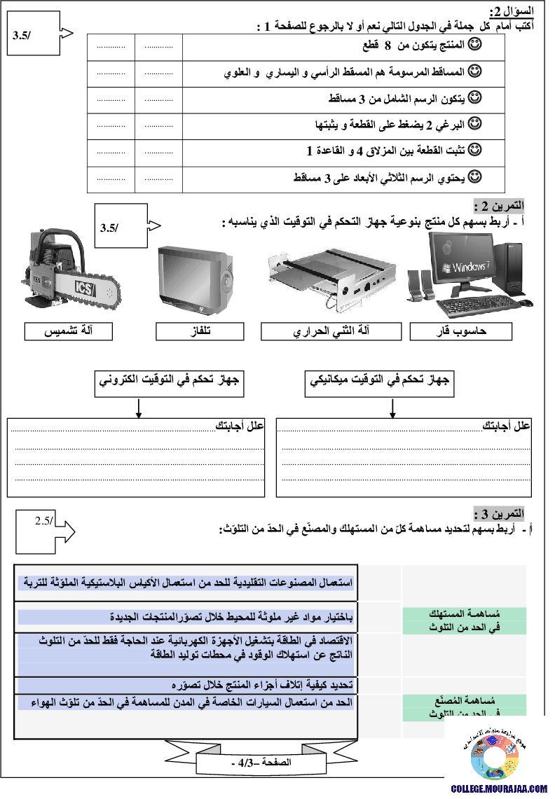فرض تأليفي سنة التاسعة في التربية التكنولوجية الثلاثي الثالث