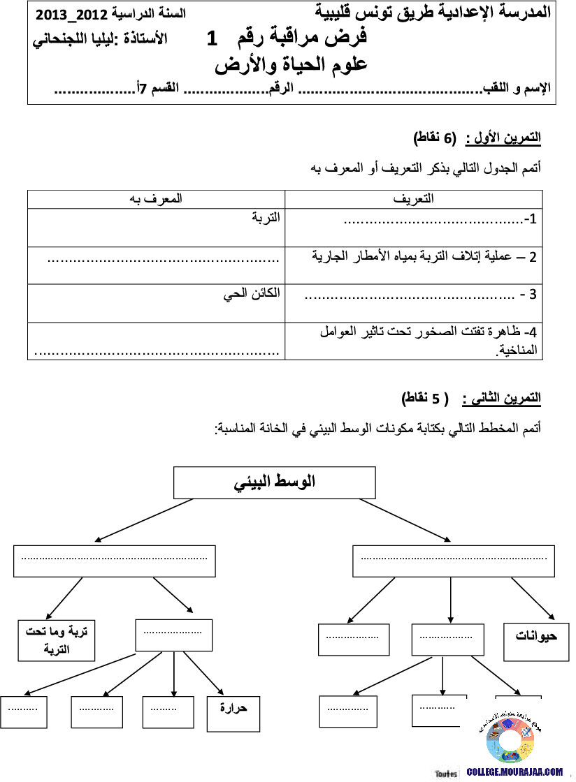 فرض مراقبة سنة السابعة في علوم الحياة و الارض الثلاثي الأول