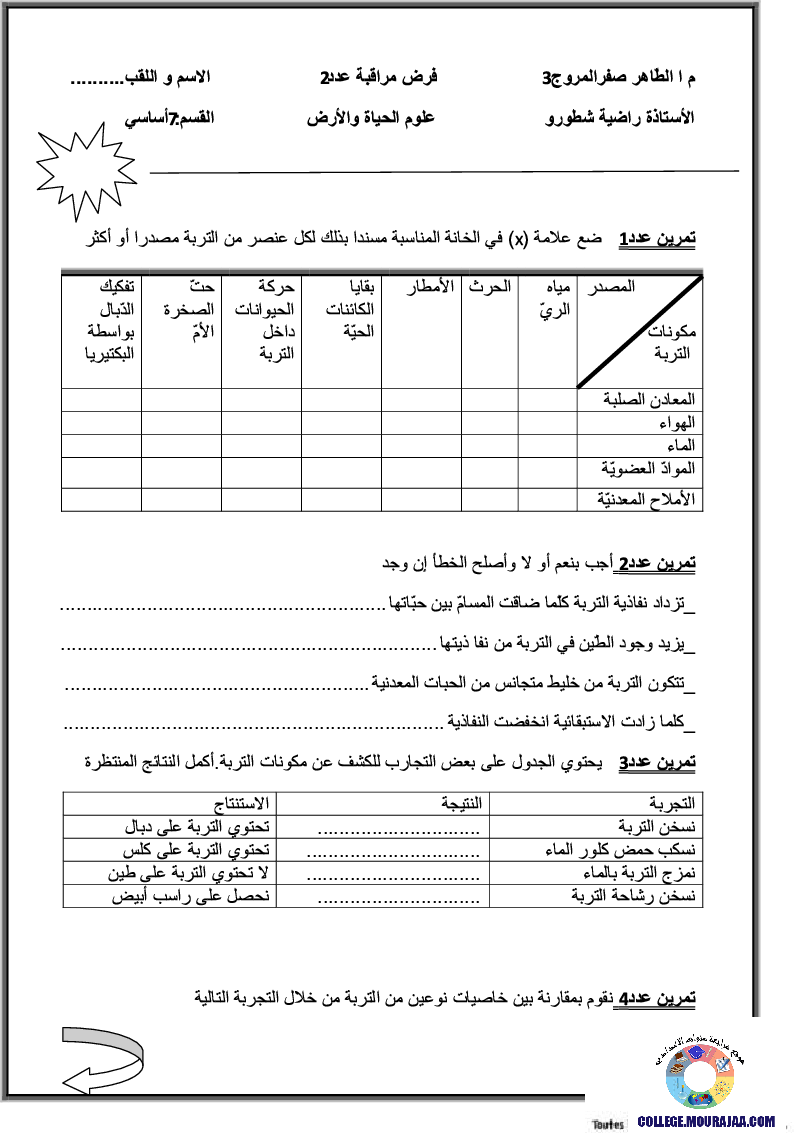 فرض مراقبة سنة السابعة في علوم الحياة و الارض الثلاثي الثاني