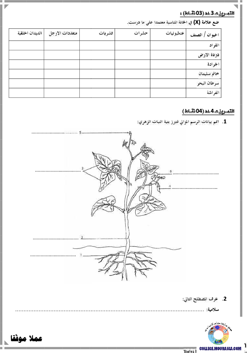 فرض مراقبة سنة السابعة في علوم الحياة و الارض الثلاثي الثالث