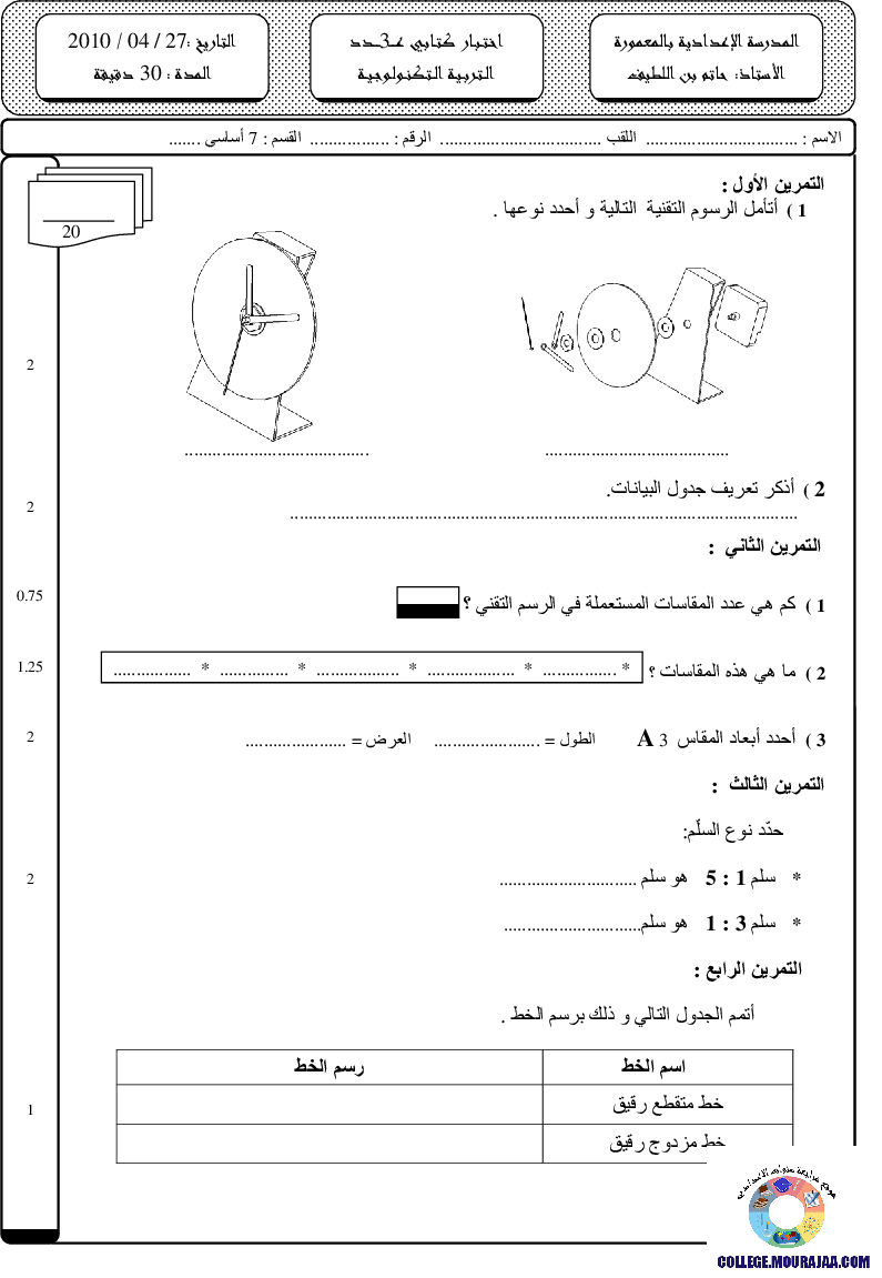 فرض مراقبة سنة السابعة في التربية التكنولوجية الثلاثي الثالث