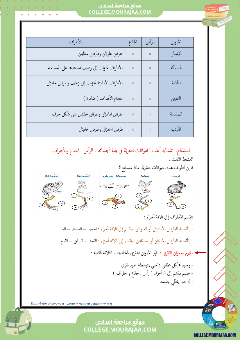 تنوّع الحيوانات الفقريّة وتصنيفها 7 أساسي