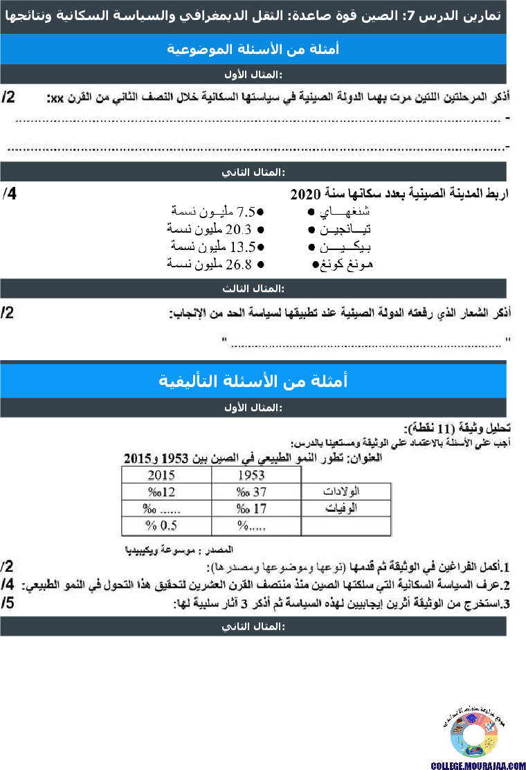 الصين قوة صاعدة الثقل الديمغرافي والسياسة السكانية ونتائجها تمارين مع الاصلاح