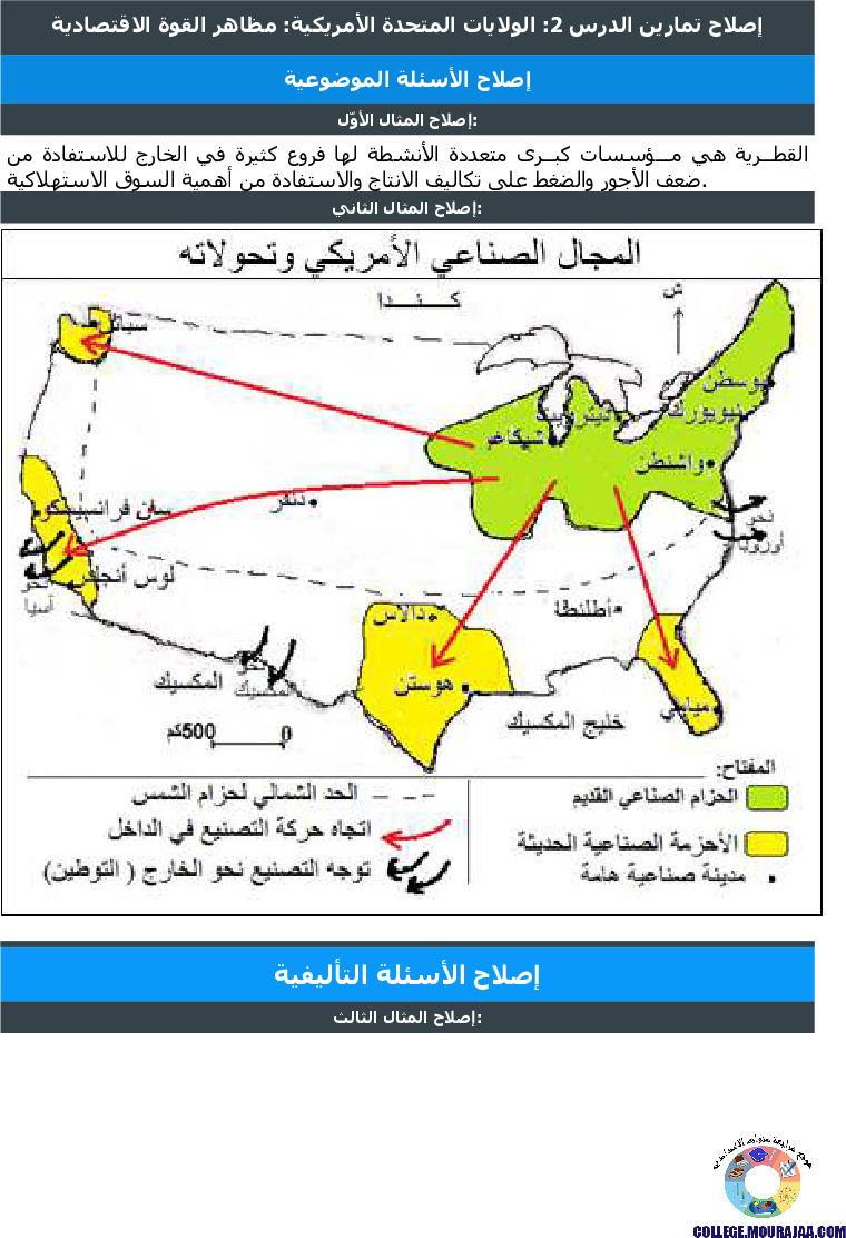 الولايات المتحدة الأمريكية مظاهر القوة الاقتصادية تمارين مع الاصلاح