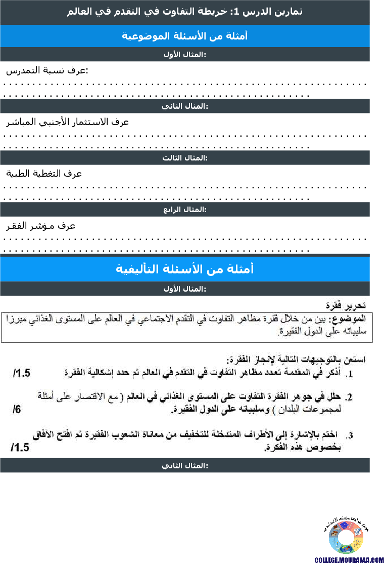 خريطة التفاوت في التقدم في العالم تمارين مع الاصلاح