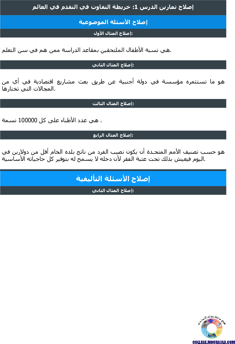 خريطة التفاوت في التقدم في العالم تمارين مع الاصلاح