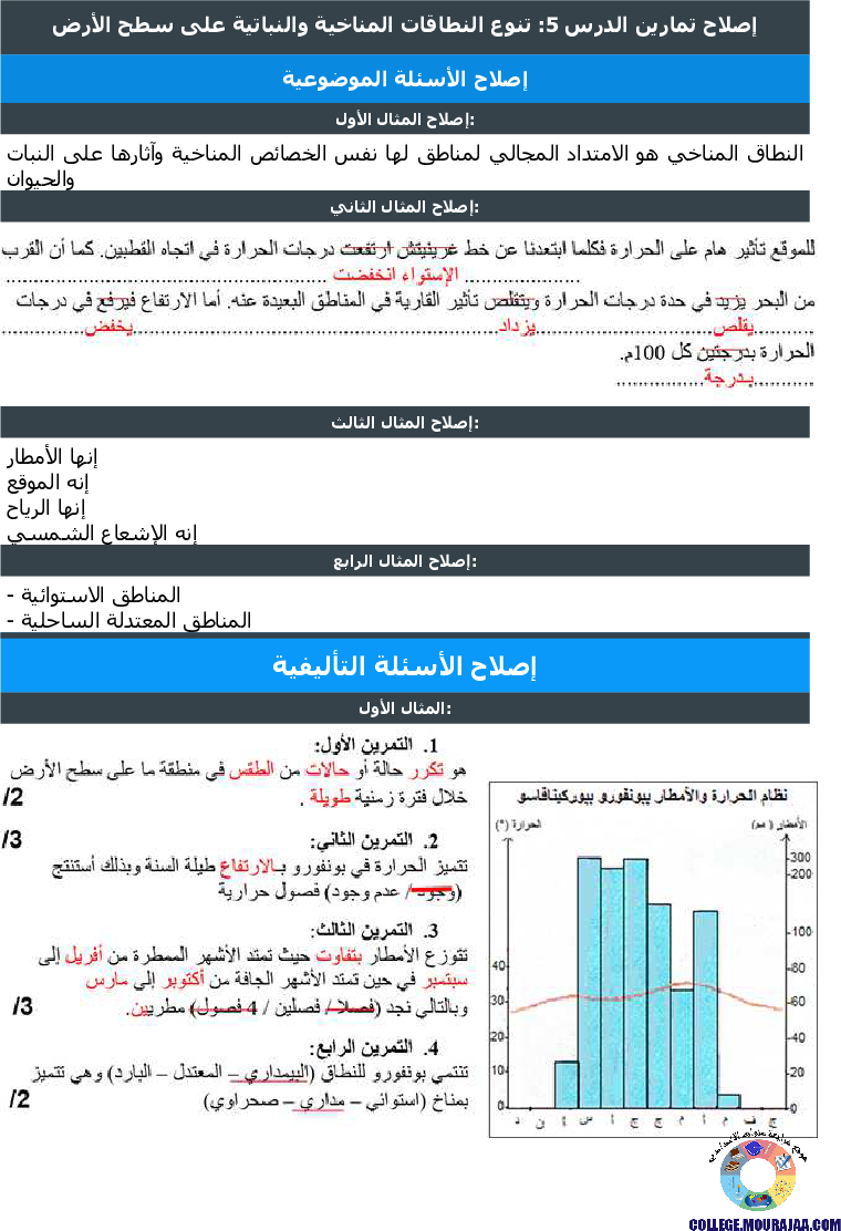 تنوع النطاقات المناخية والنباتية على سطح الأرض تمارين مع الاصلاح