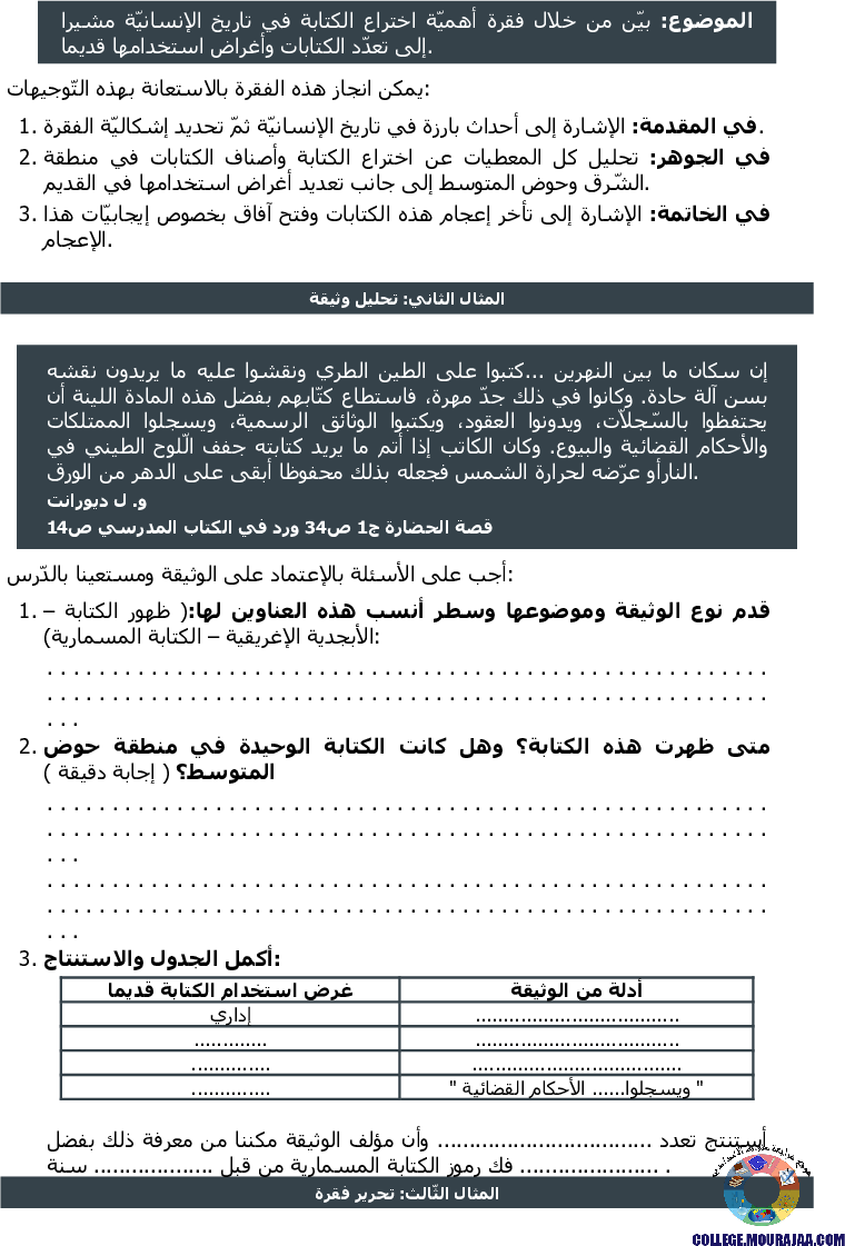 ظهور الزراعة والكتابة تمارين مع الاصلاح