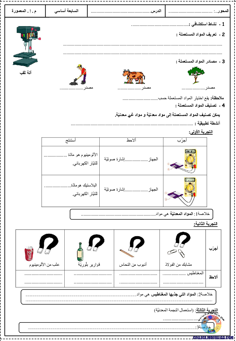 تمارين تطبيقية المواد المستعملة