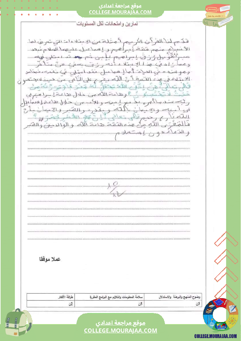 فرض مراقبة عدد 2 في مادة التربية الإسلامية سنة تاسعة مع الاصلاح