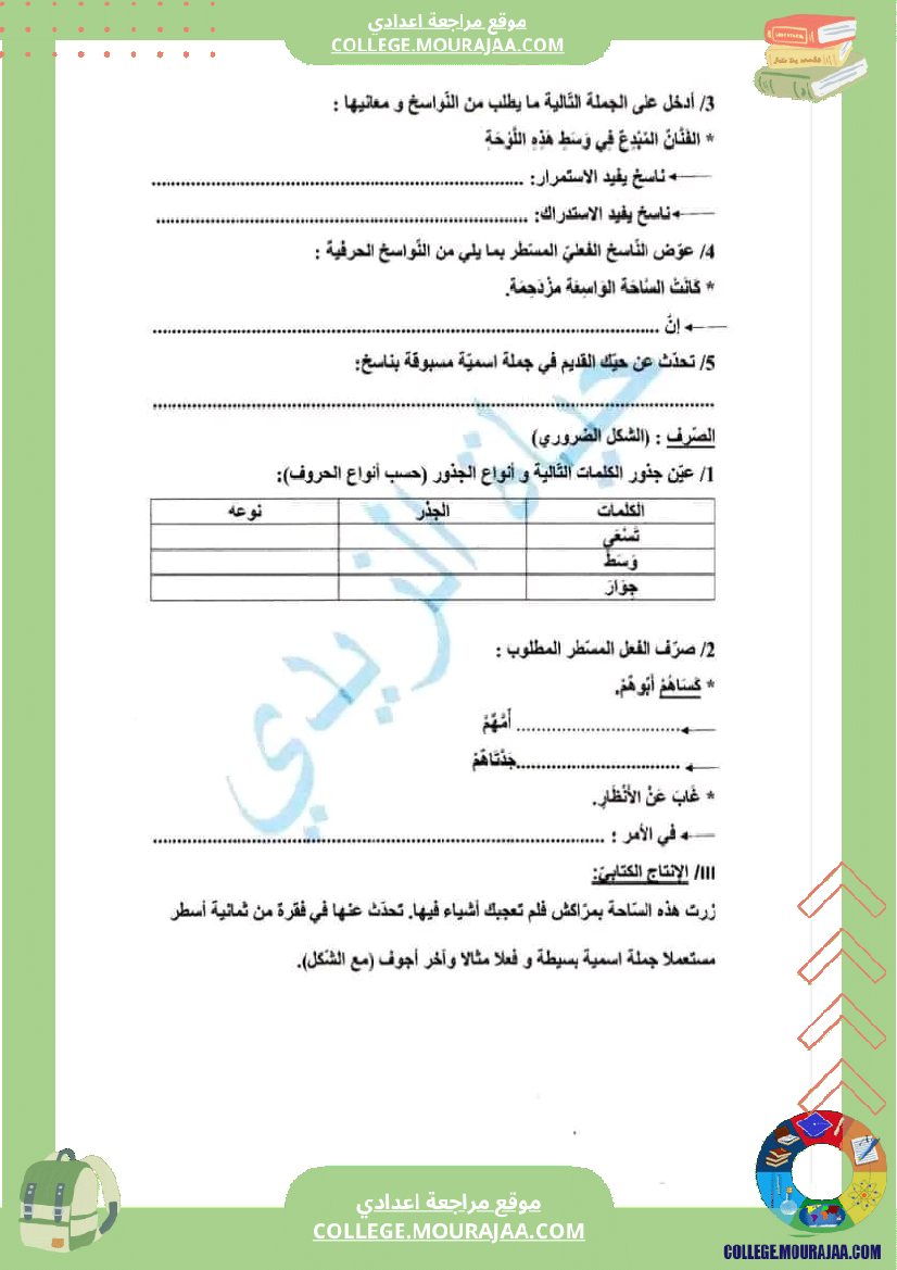 فرض مراقبة عدد 2 في دراسة النص سنة سابعة مع الاصلاح