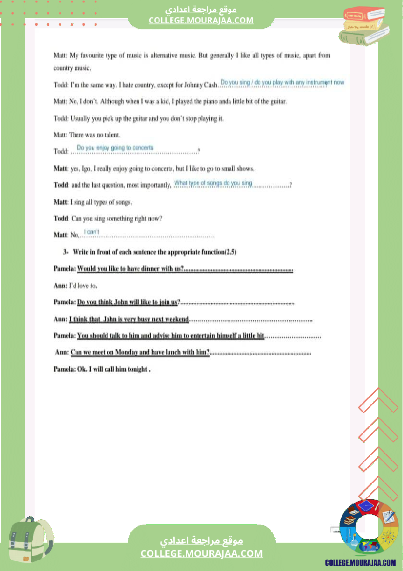 فرض تأليفي عدد 2 في مادة الانجليزية السنة الثامنة أساسي الاصلاح