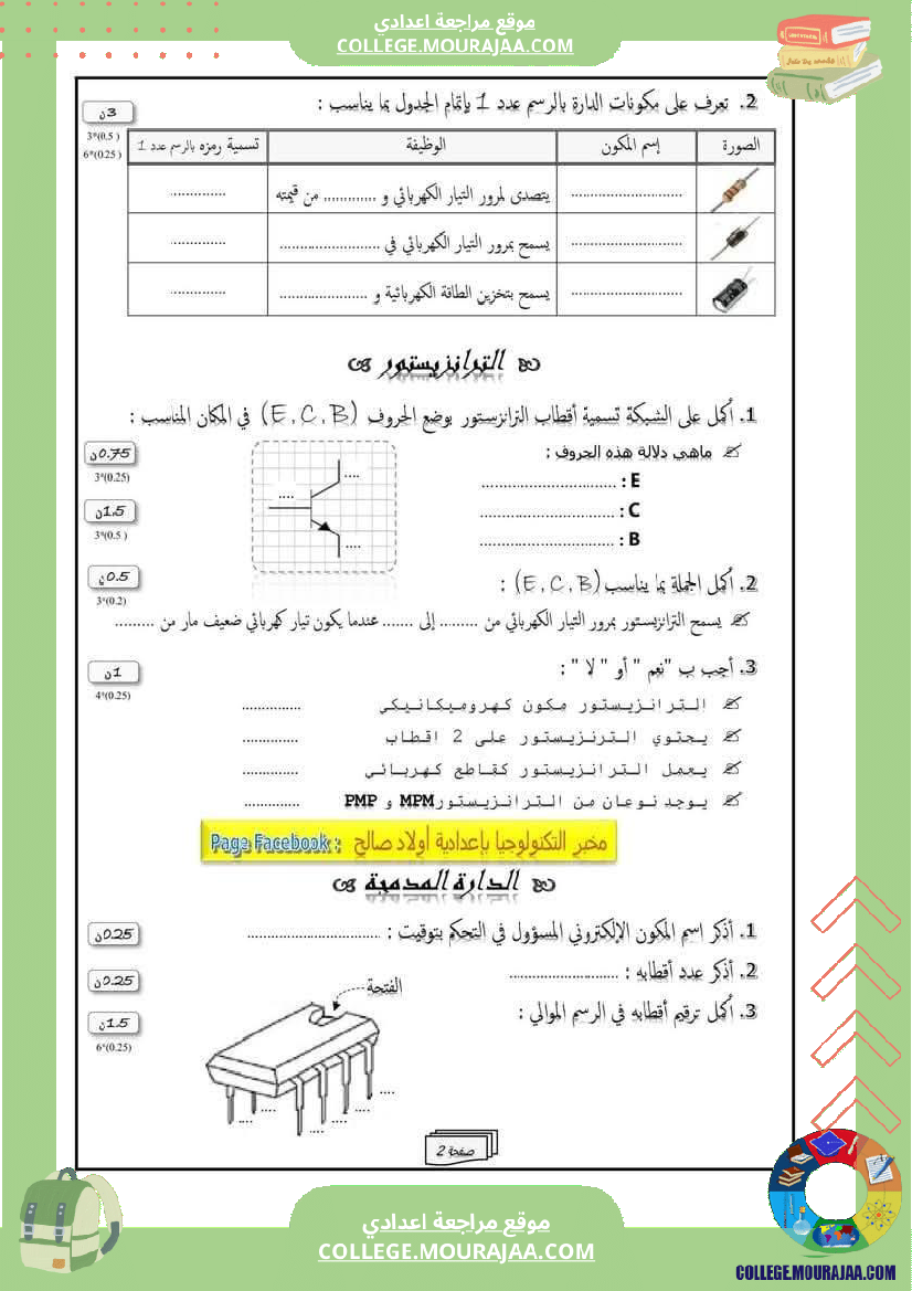 ثامنة أساسي إختبار كتابي عدد 2 في مادة التكنولوجيا مع الإصلاح