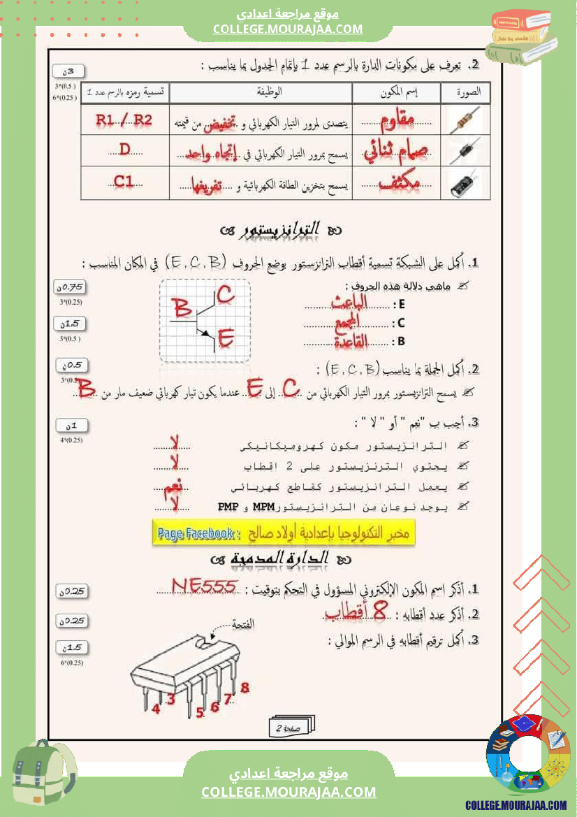 ثامنة أساسي إختبار كتابي عدد 2 في مادة التكنولوجيا مع الإصلاح