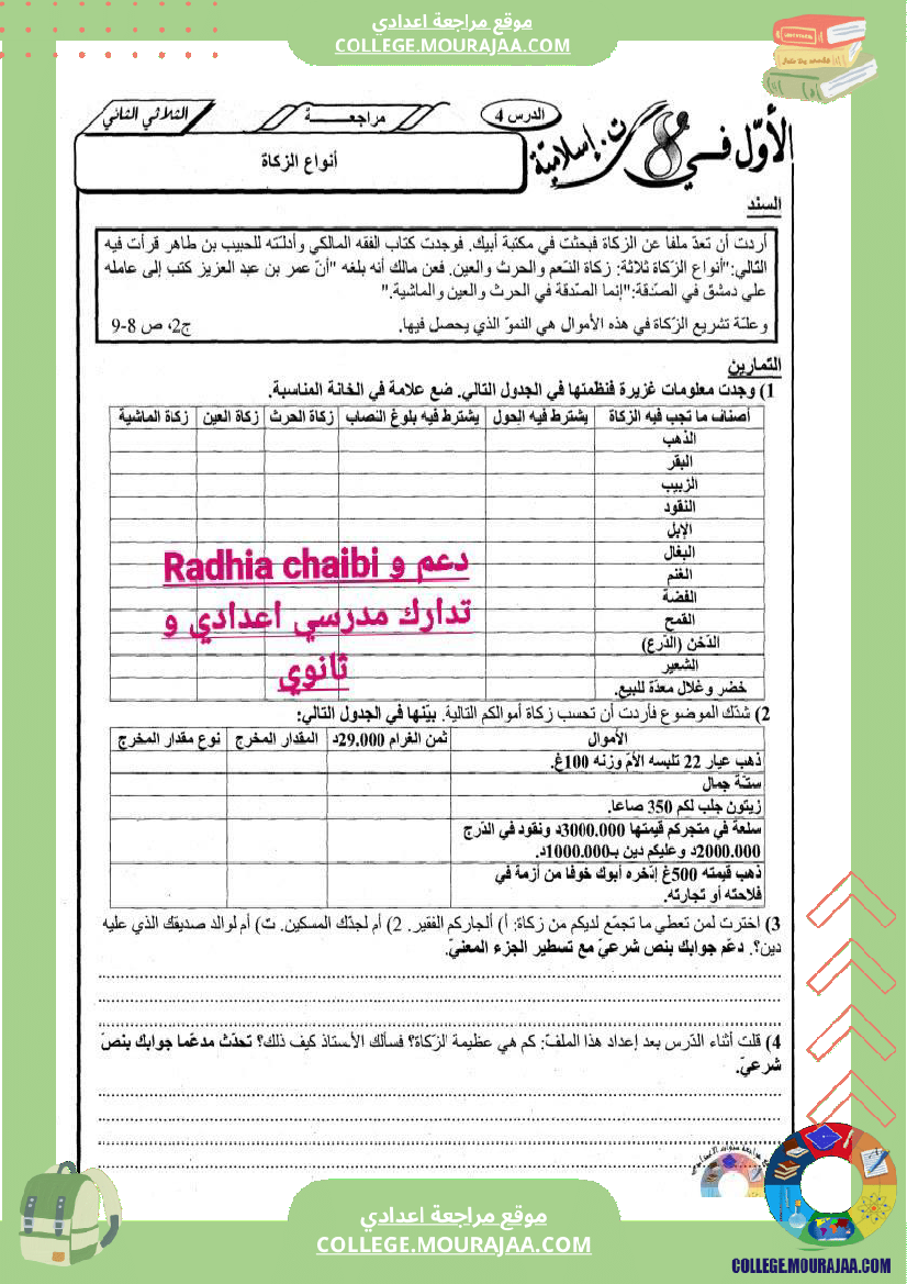 ثامنة أساسي تربية اسلامية درس الصوم و الزكاة تمارين مع الاصلاح 