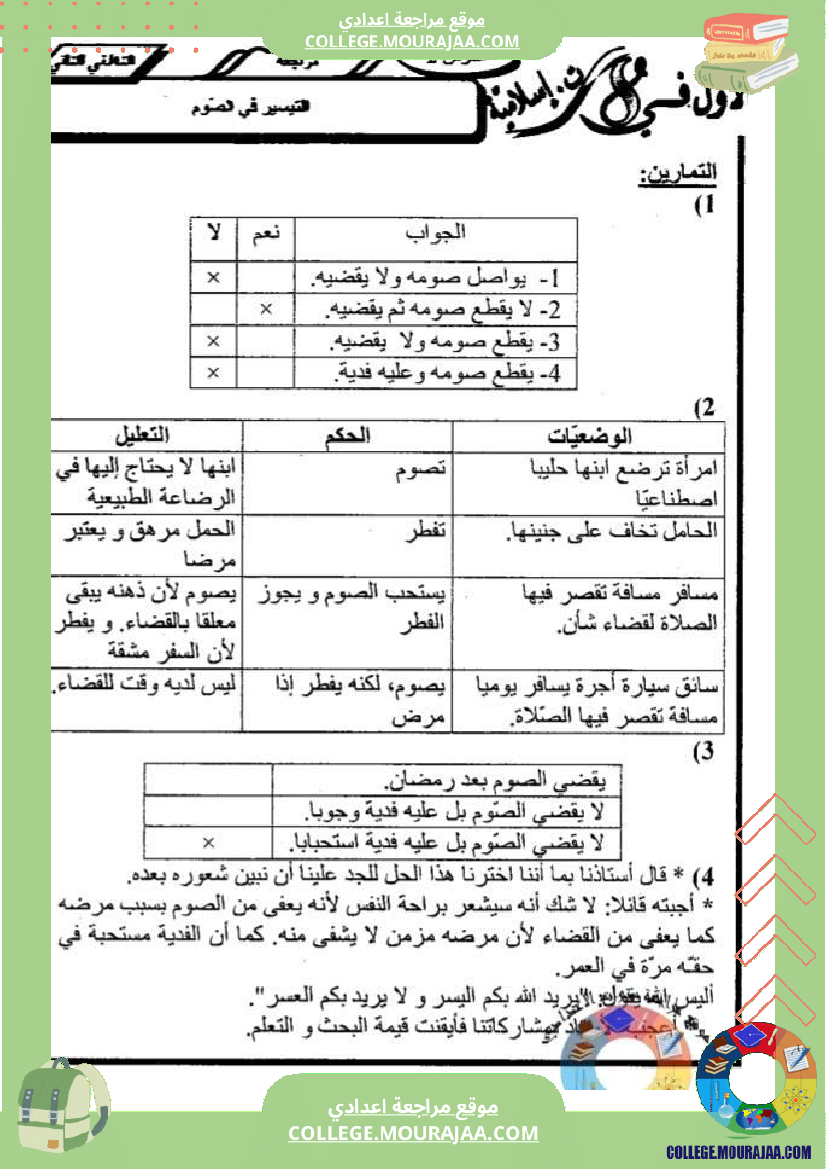 ثامنة أساسي تربية اسلامية درس الصوم و الزكاة تمارين مع الاصلاح 