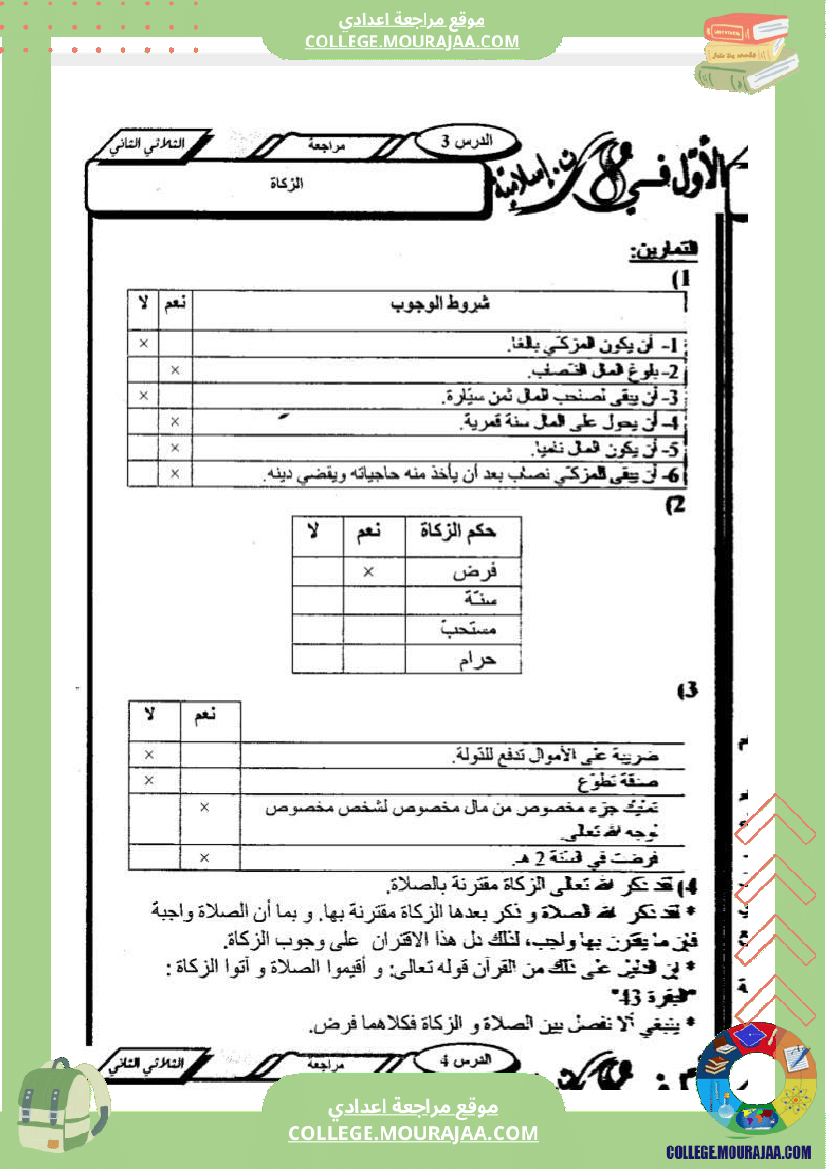 ثامنة أساسي تربية اسلامية درس الصوم و الزكاة تمارين مع الاصلاح 
