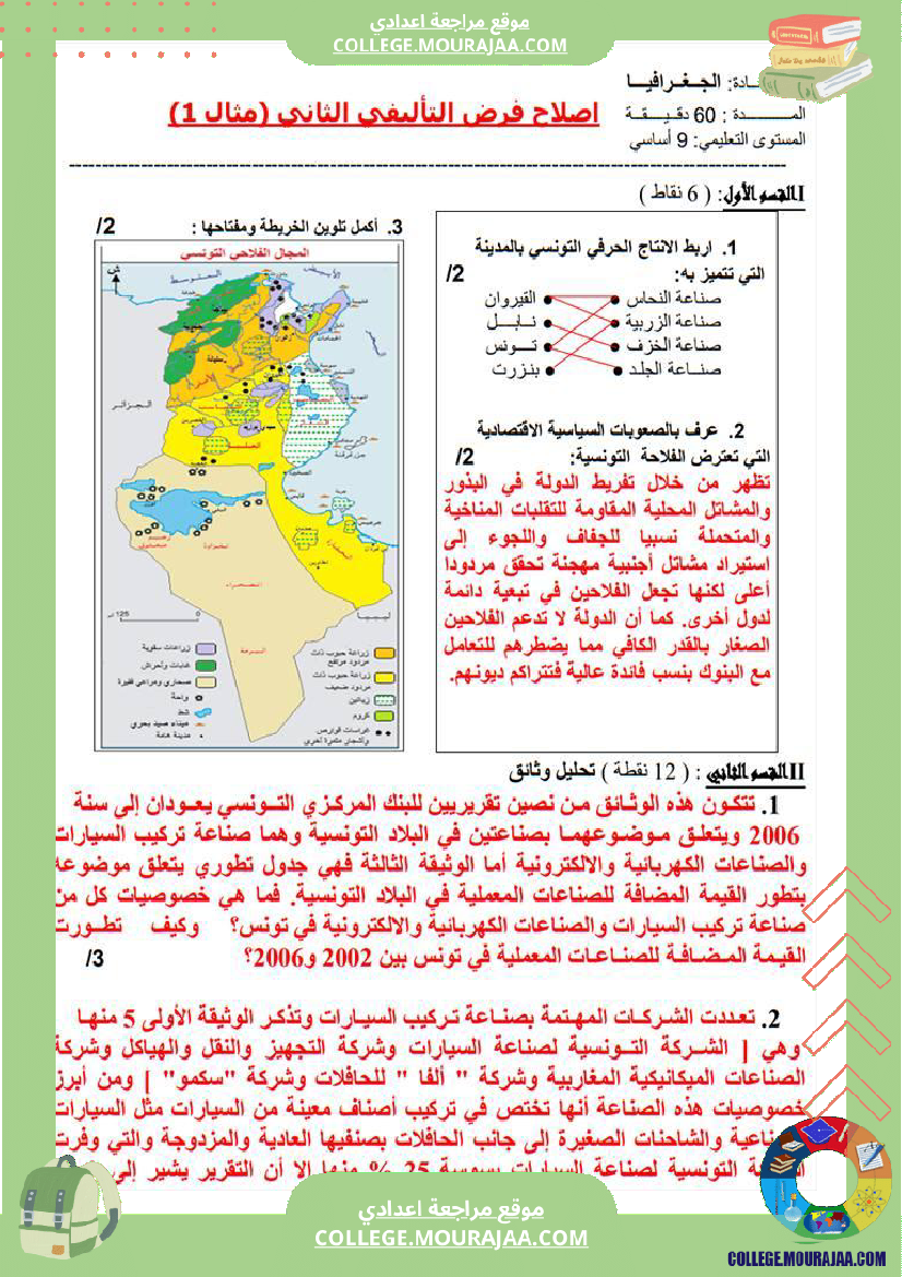 تاسعة أساسي جغرافيا فرض تاليفي عدد 2 مع الاصلاح
