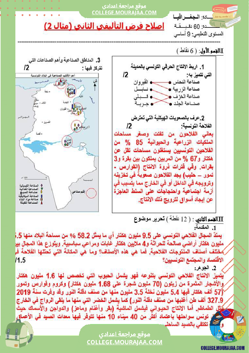 تاسعة أساسي جغرافيا فرض تاليفي عدد 2 مع الاصلاح