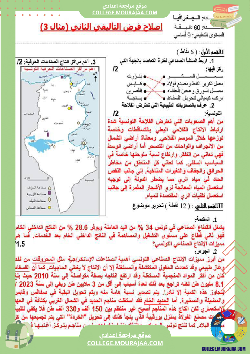 تاسعة أساسي جغرافيا فرض تاليفي عدد 2 مع الاصلاح