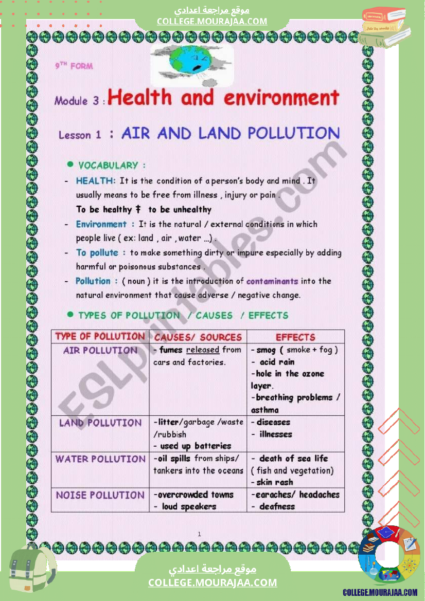 9 eme anglais module 3 health and environment lesson 1 air and land pollution