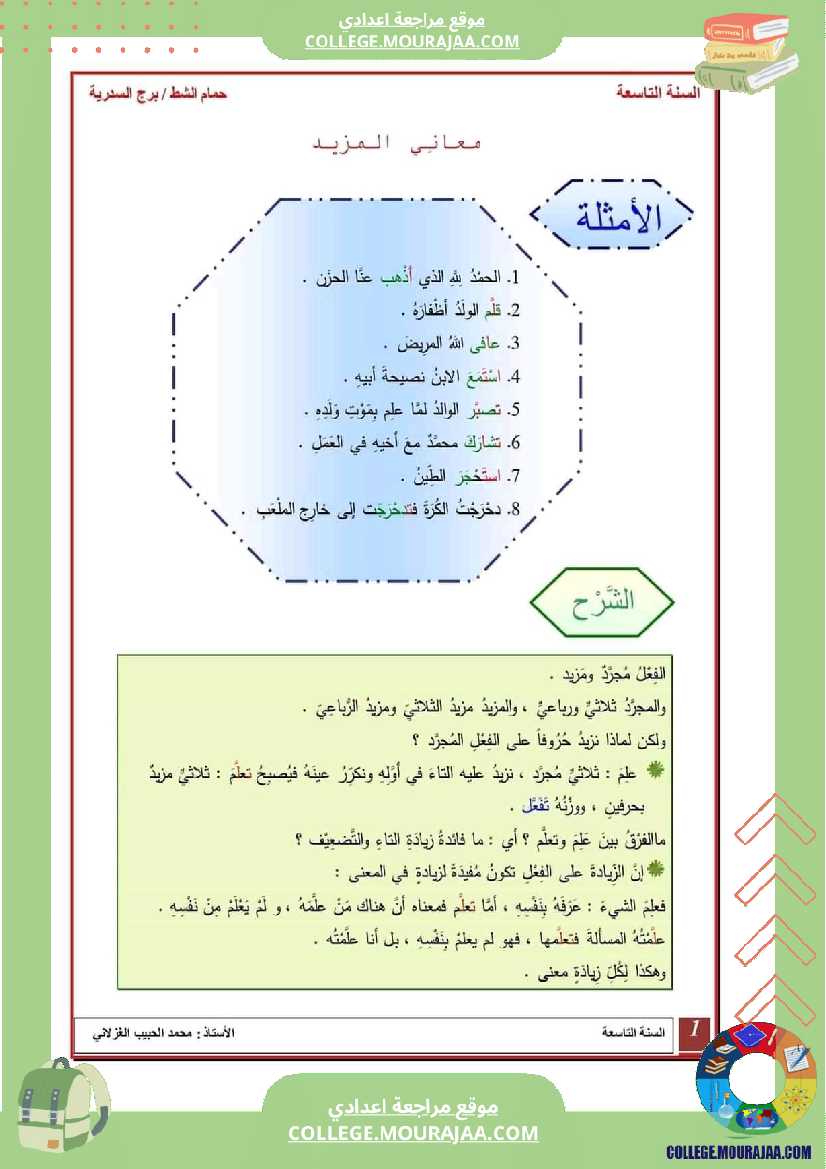 معاني افعال المزيد سنة التاسعة