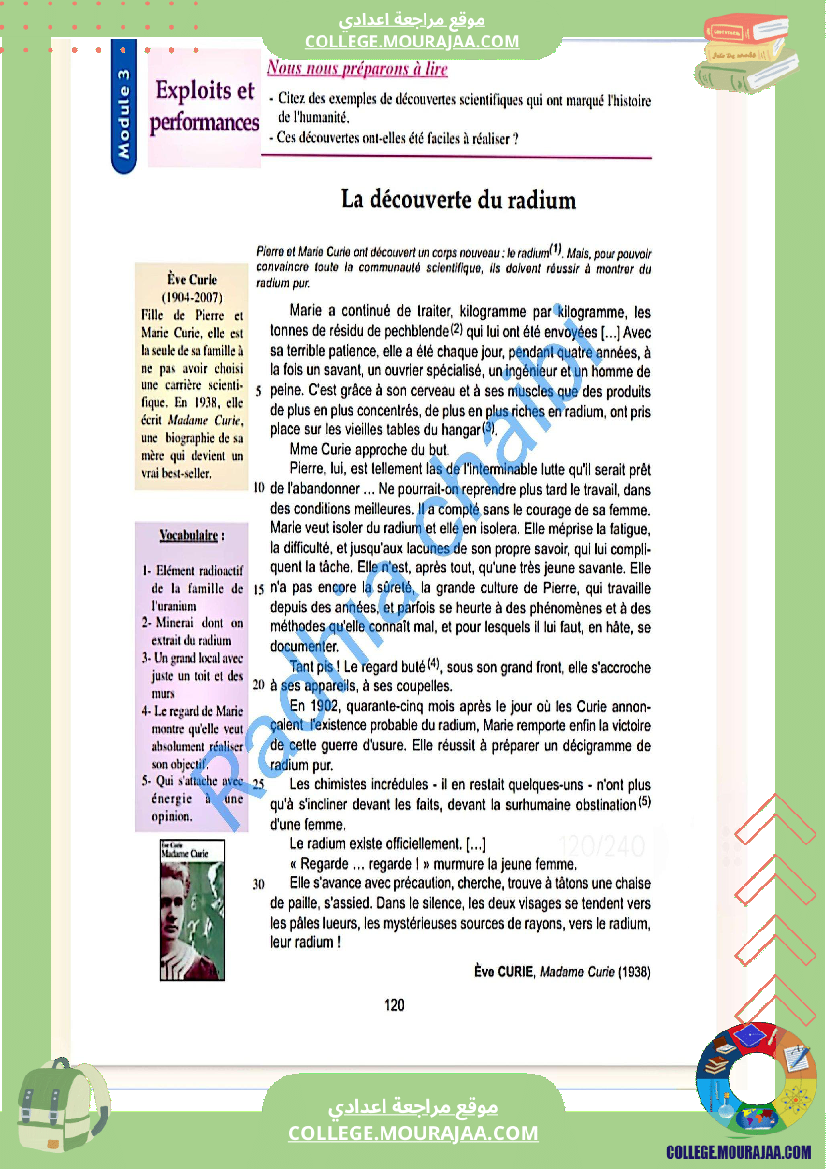 9 eme francais module 3 exploits et performances lecture la decouverte du radium pages 120 121 1