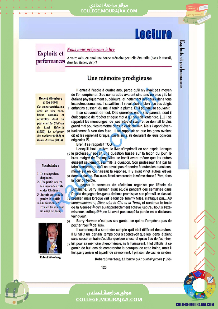 9 eme francais module 3 exploits et performances lecture une memoire prodigieuse pages 125 126
