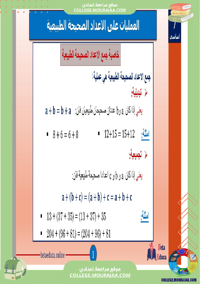 سابعة اساسي العمليات على الاعداد الصحيحة الطبيعية