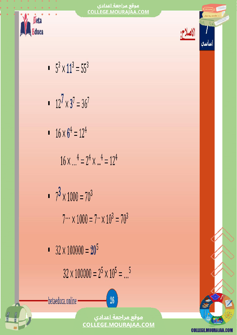 سابعة اساسي قوى الاعداد الصحيحة الطبيعية