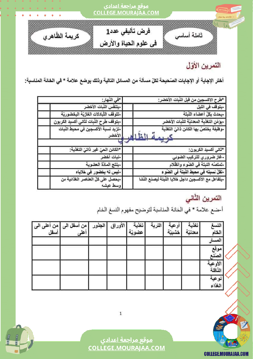 ثامنة أساسي فروض تاليفية عدد 1 علوم طبيعية