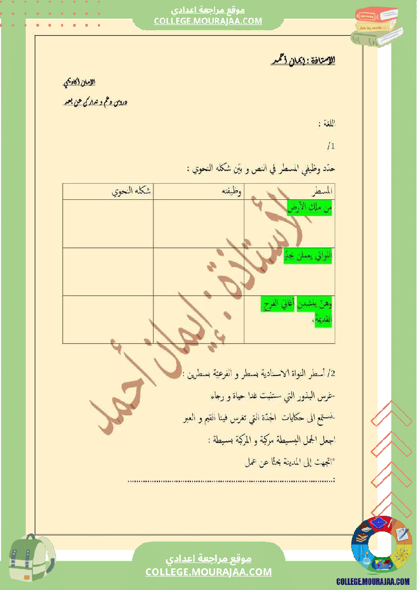 ثامنة أساسي عربية الثلاثي الأول دراسة نص محور المدينة و الريف