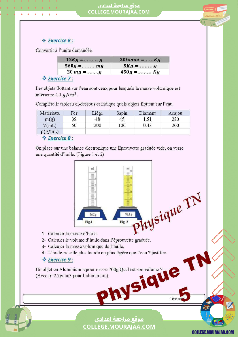 8eme annee pilote la masse volumique cours